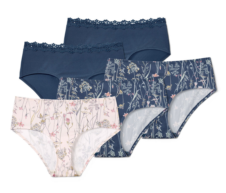 Fünf Pantys in verschiedenen Mustern.