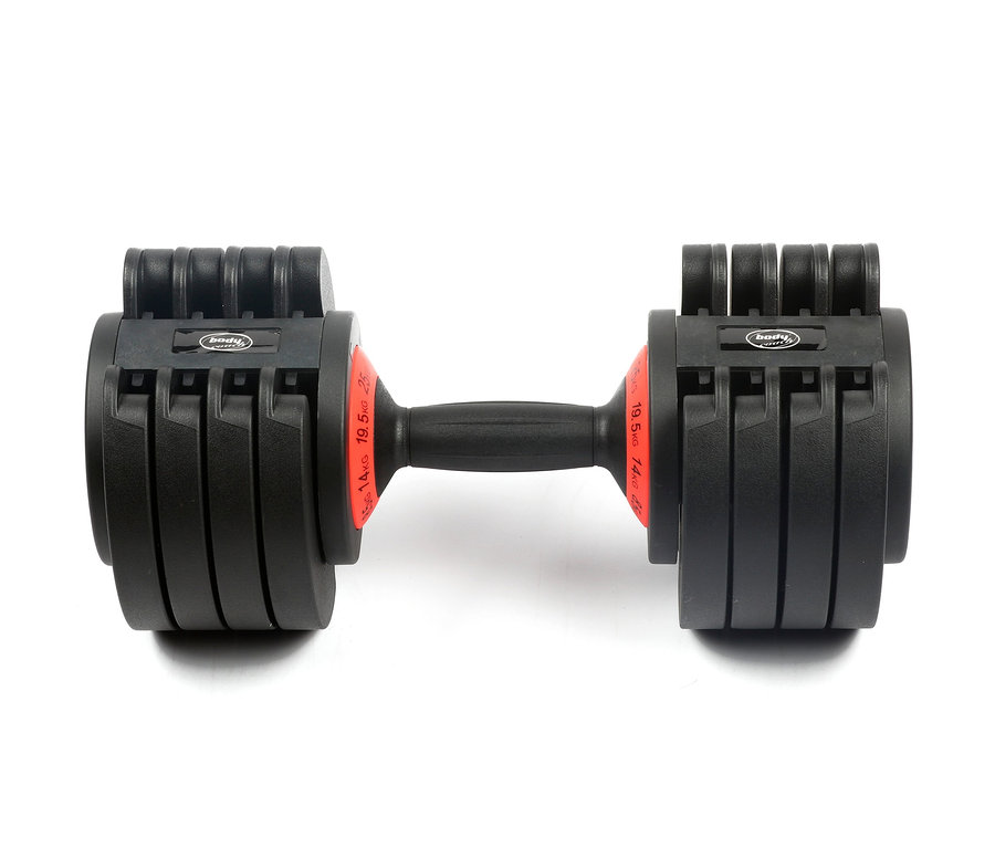 Eine schwarze, verstellbare Body Coach Kurzhantel (3–25 kg) auf weißem Hintergrund.