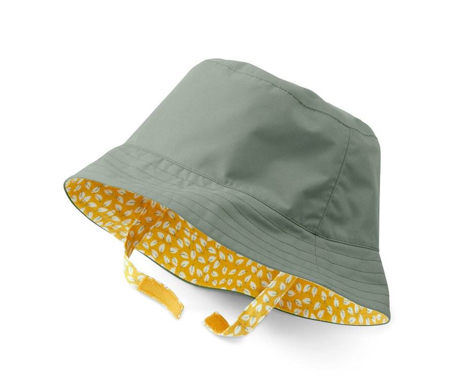 Khakifarbener Regenhut mit gelber Innenseite und Klettverschluss.