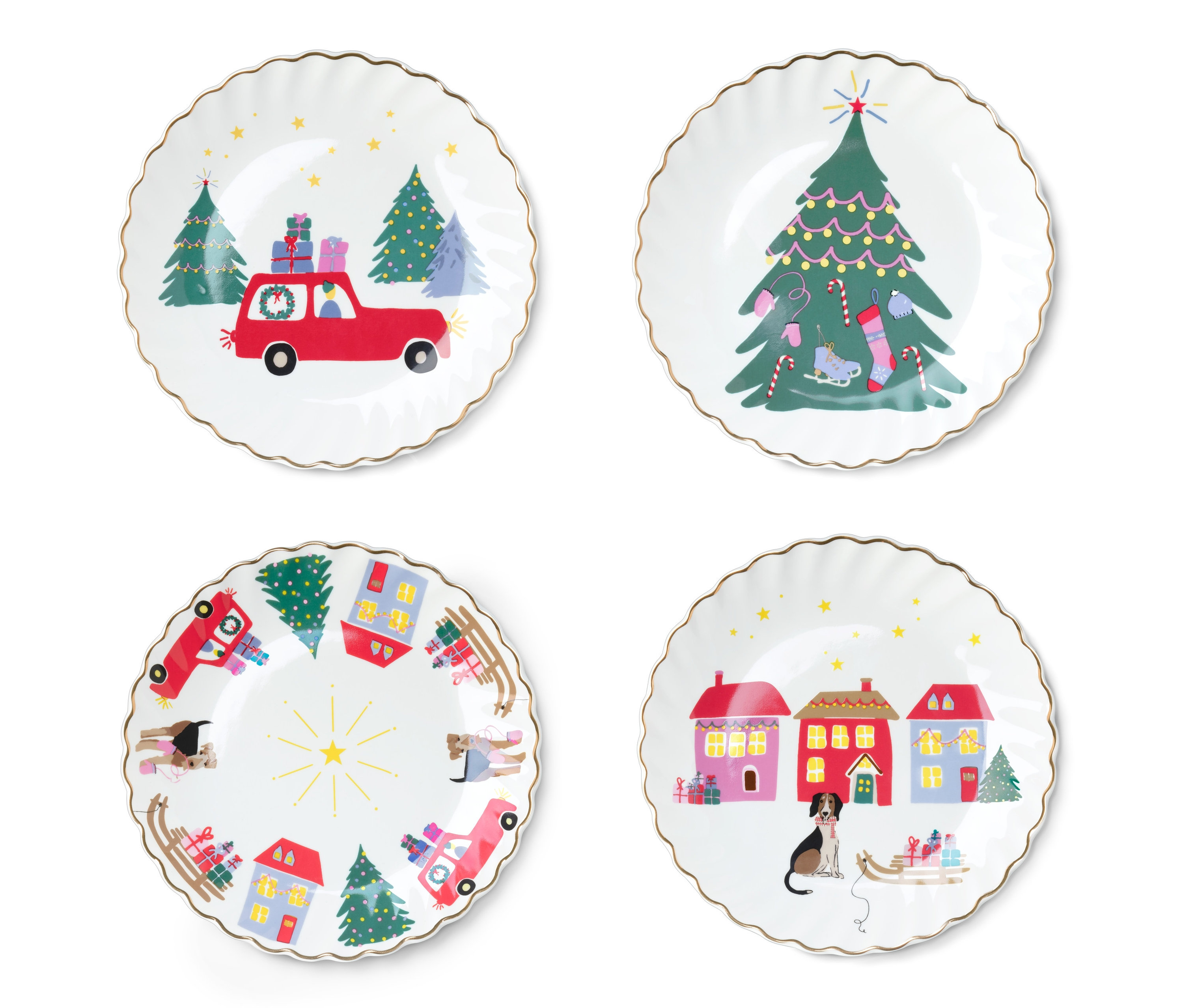 Vier Dessertteller mit Glanzgolddekor, jeder mit einem anderen Weihnachtsmotiv.