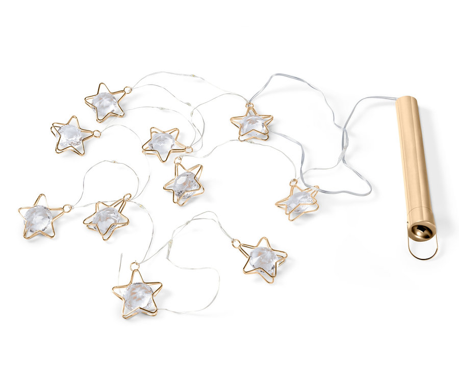 LED-Lichterkette mit Sternen, goldenem Drahtrahmen und klarem Kristall.