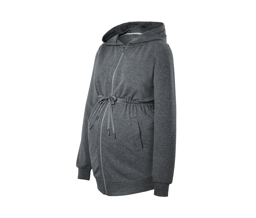 Graue Umstands-Sportjacke mit Reißverschluss und Kapuze.