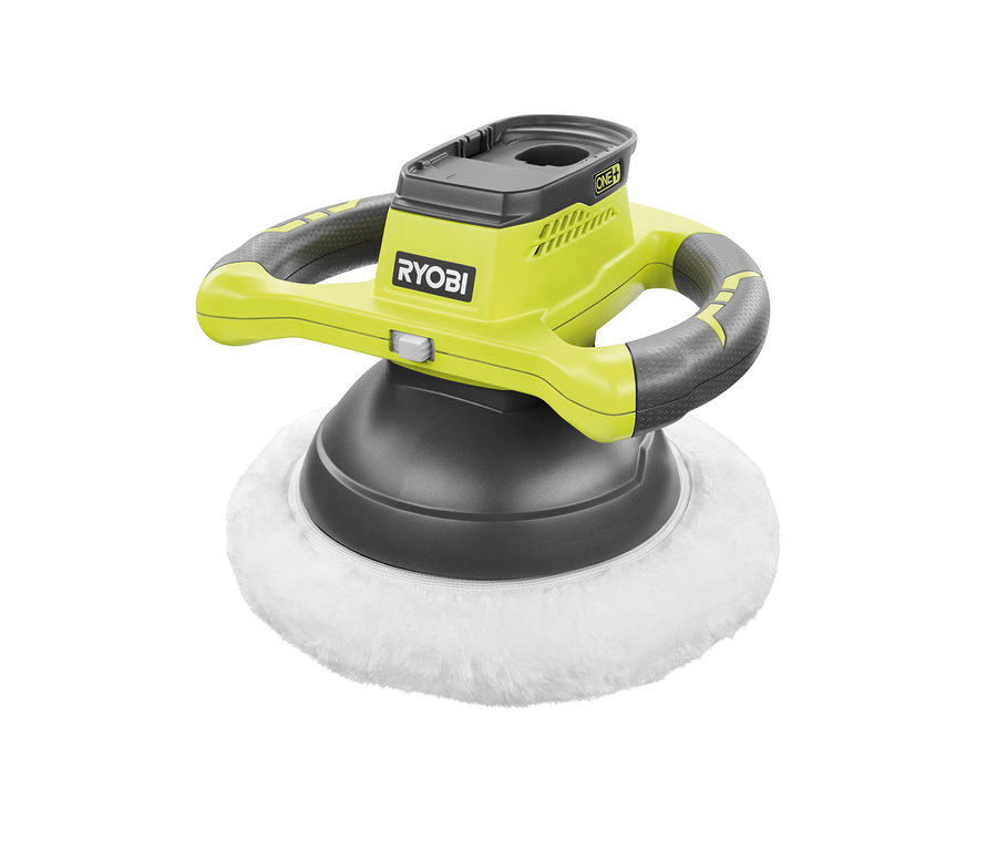 Detailaufnahme des Akku-Polierers R18B-0 von Ryobi mit rundem Polierkopf und gelb-grauem Griff.