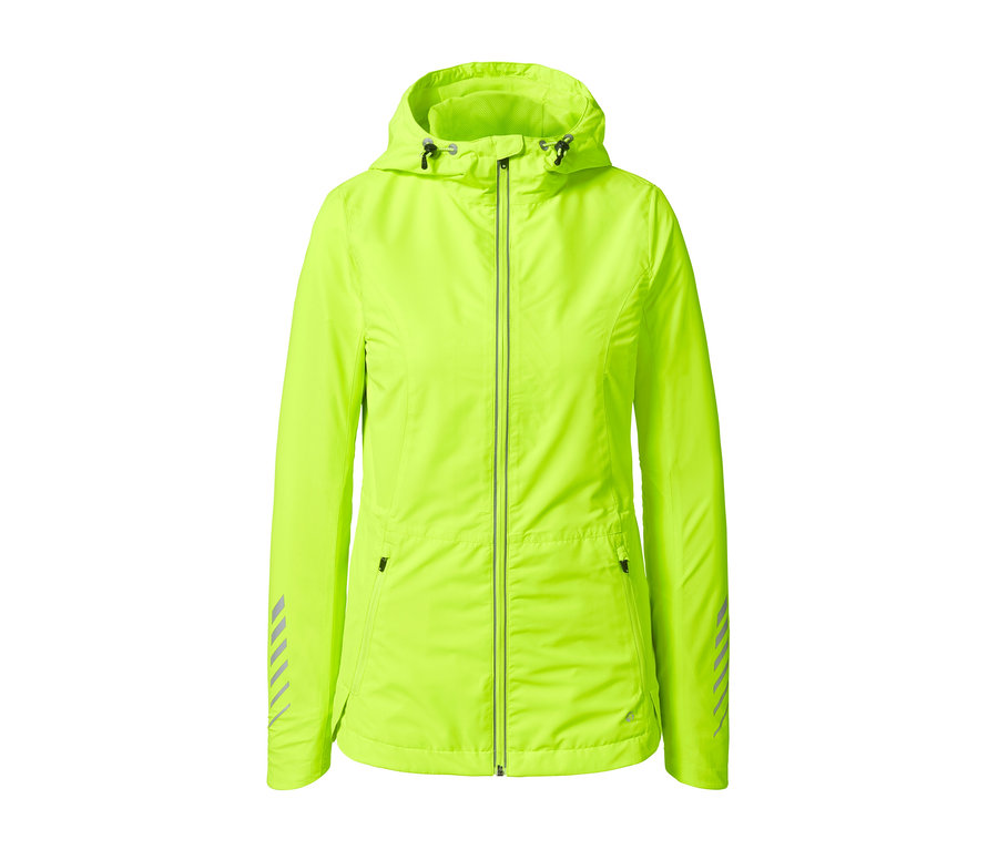 Neongelbe Windprotection-Laufjacke mit Kapuze und silbernem Reißverschluss.
