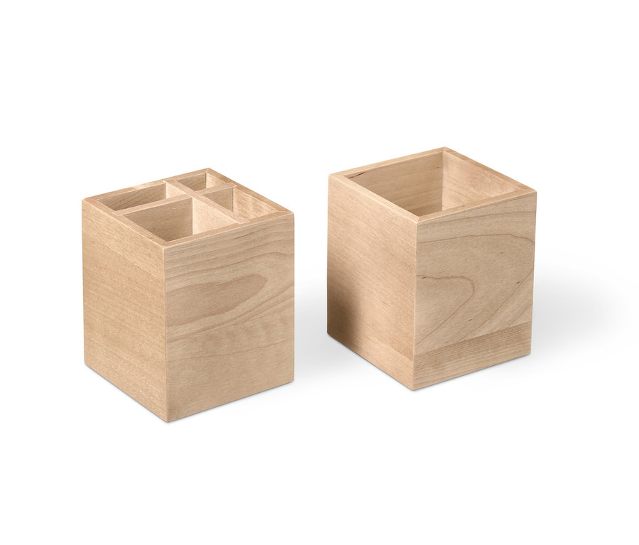Zwei Ordnungsboxen aus Holz.