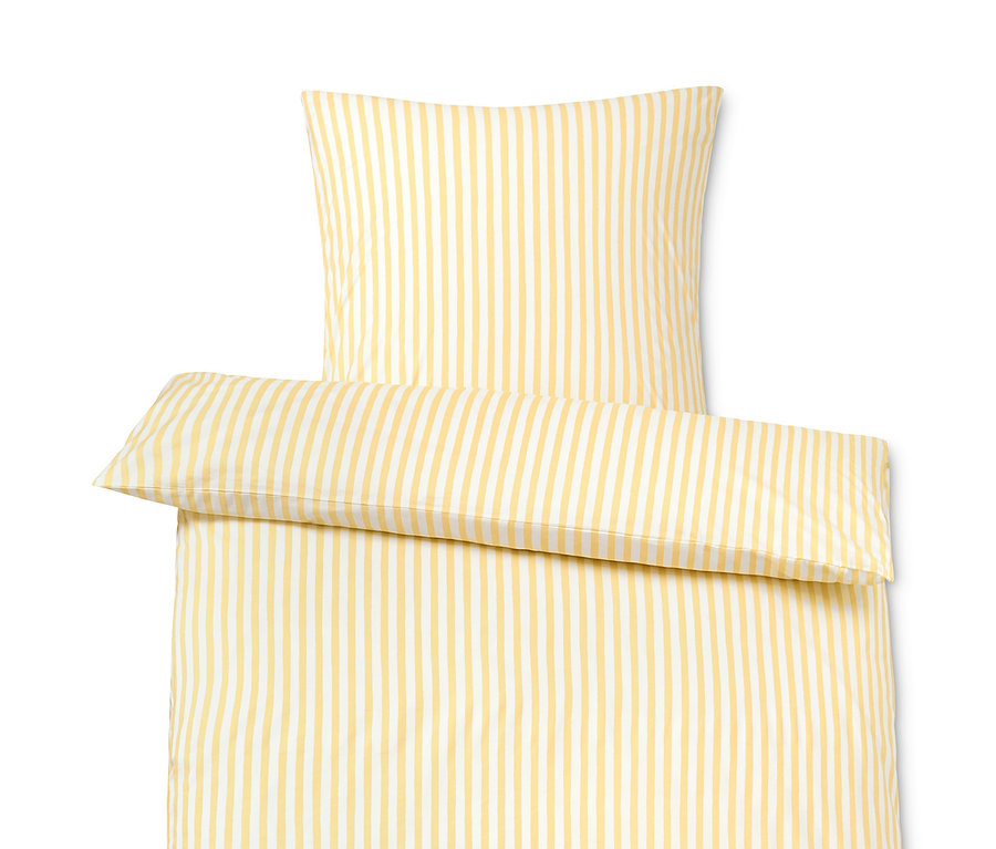 Gelb-weiß gestreifte Renforcé-Bettwäsche in Normalgröße, Übergröße und Doppelgröße.