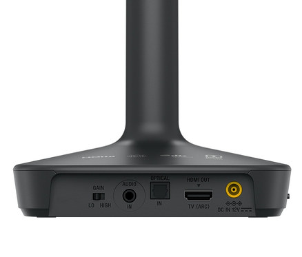 Schwarze Basisstation für Sony TV-Kopfhörer »WH-L600« mit Anschlüssen für Audio, Optik und HDMI.