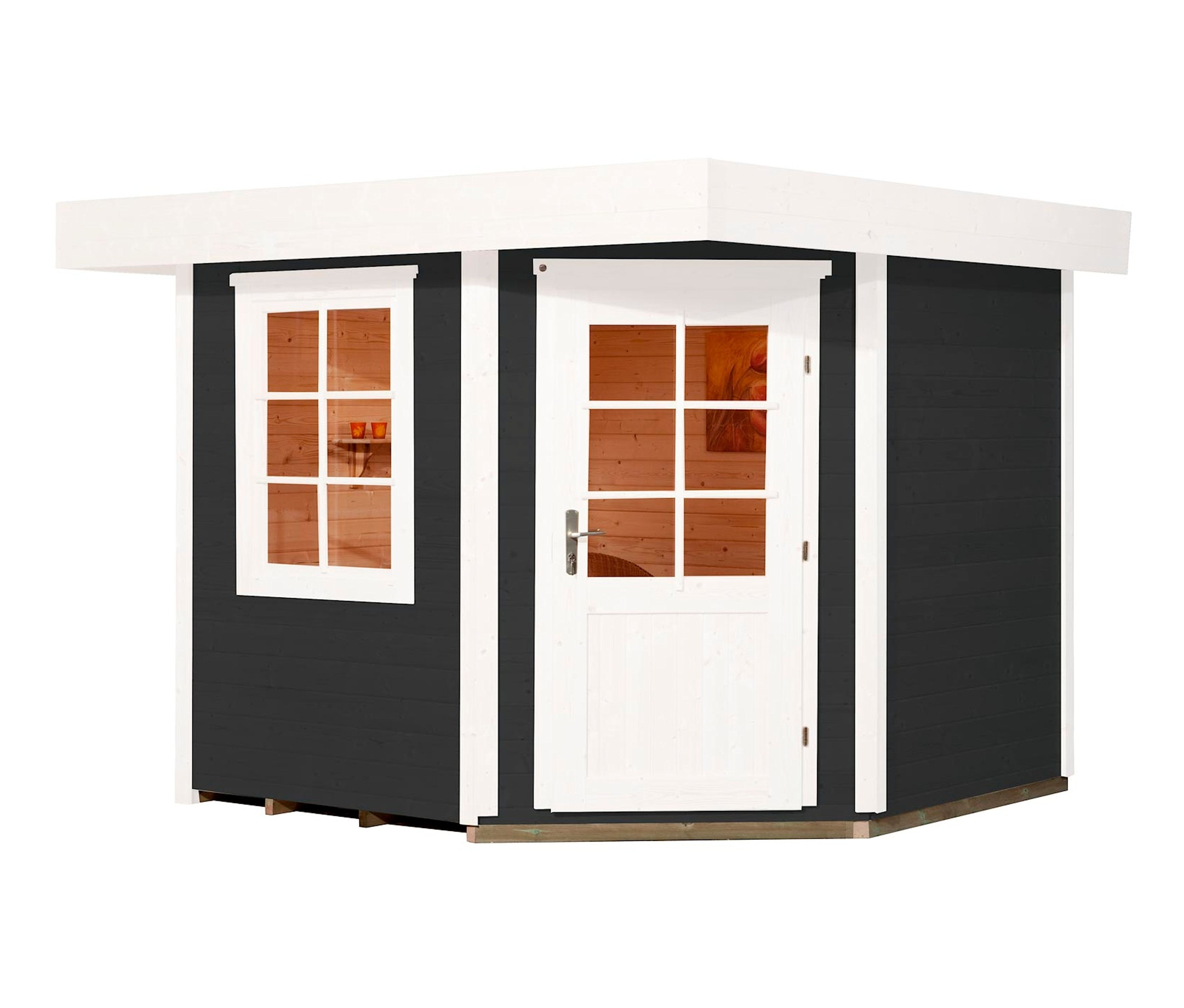 Detailansicht des WEKA Gartenhauses mit Eck-Eingang, 28 mm (213), graphitgrau.