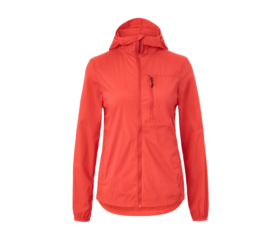 Orangefarbene Lightweight-Windjacke mit Kapuze.