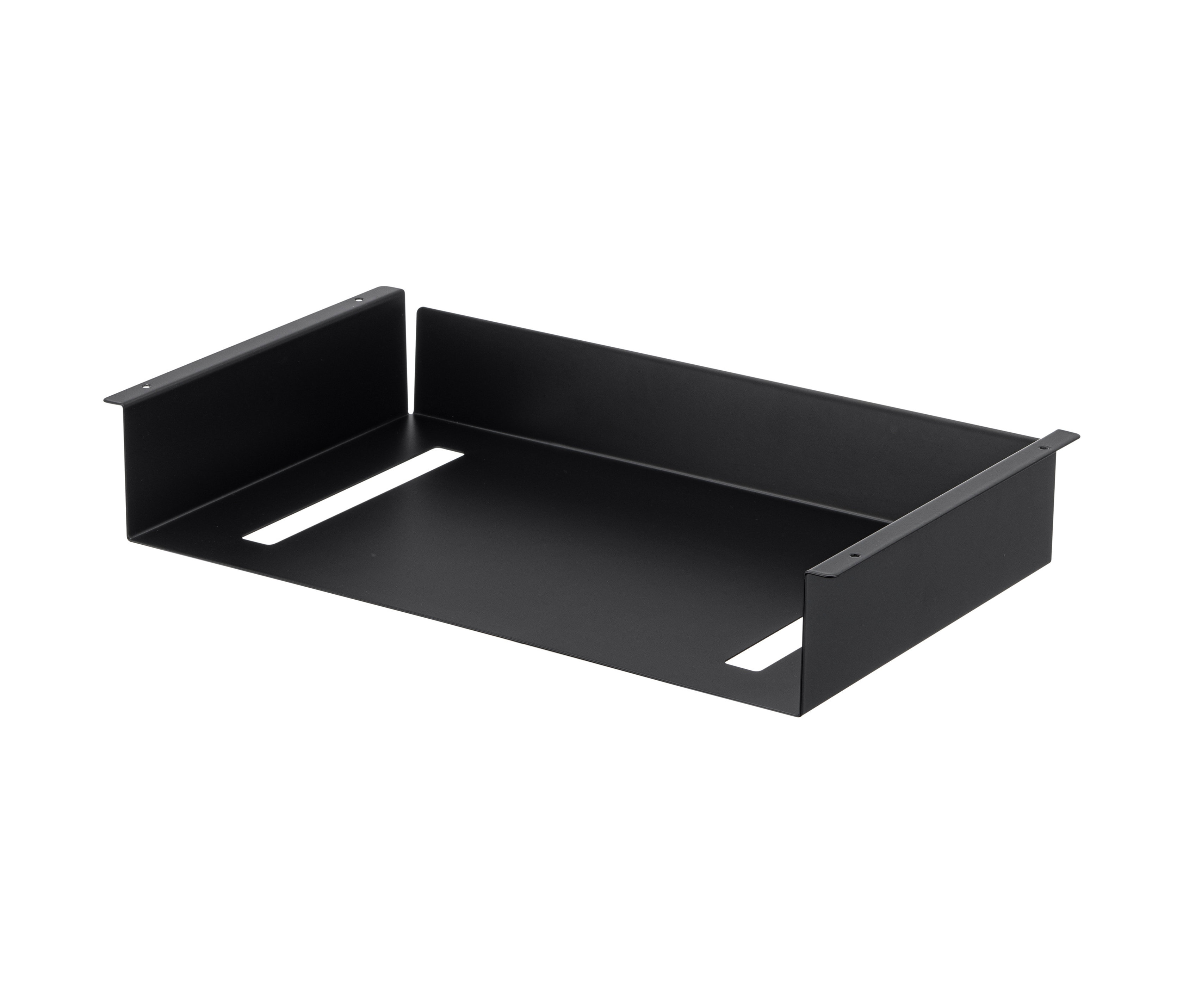 Schwarzes YAMAZAKI Untertisch-Regal »TOWER« aus Metall mit rechteckigen Aussparungen.