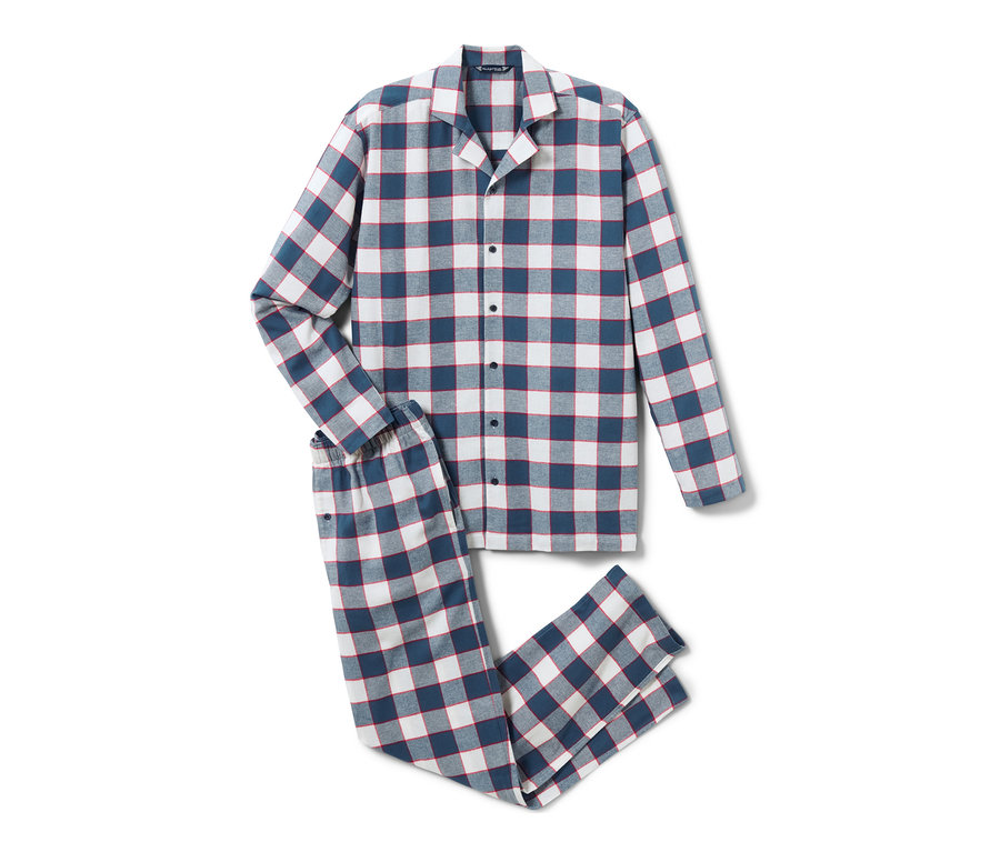 Ein Flanell-Pyjama-Set mit langärmligem Oberteil und karierter Hose.