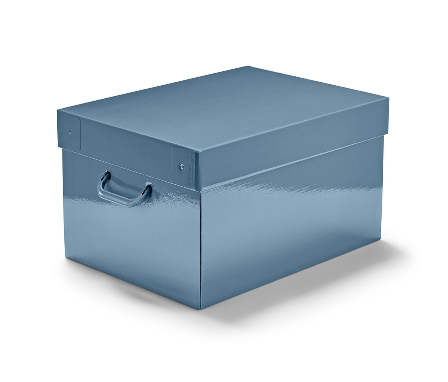 Eine blaue Weihnachtsdeko-Ordnungsbox mit Deckel und Griffen.