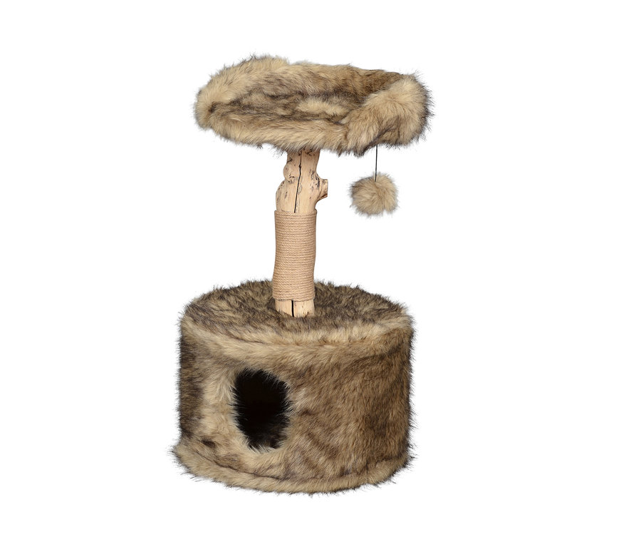 Katzen-Kratzbaum mit Basis, Tunnel, Sisalstamm und Plattform, alles mit Kunstfell überzogen.