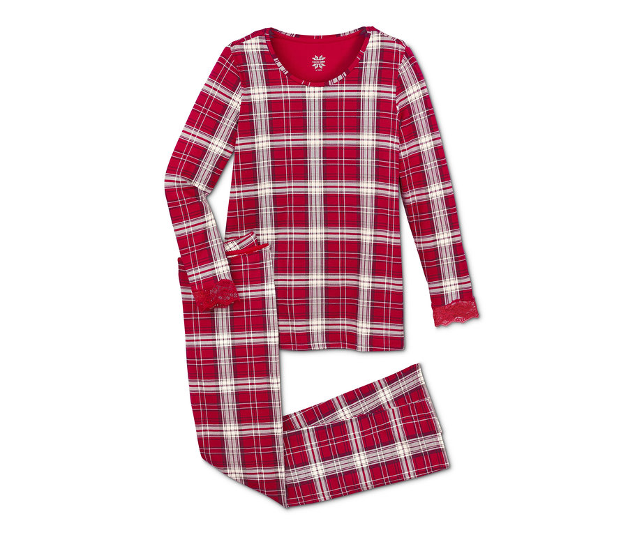 Rot karierter Pyjama mit Spitzenbesatz.