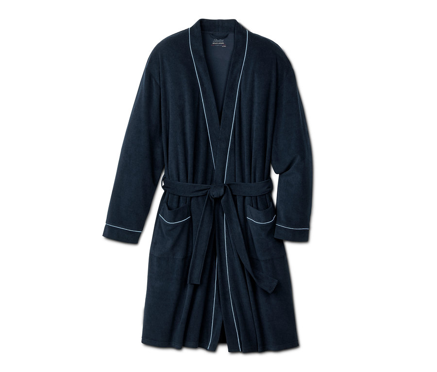Marineblauer Frottier-Morgenmantel mit weißer Paspelierung und Gürtel.