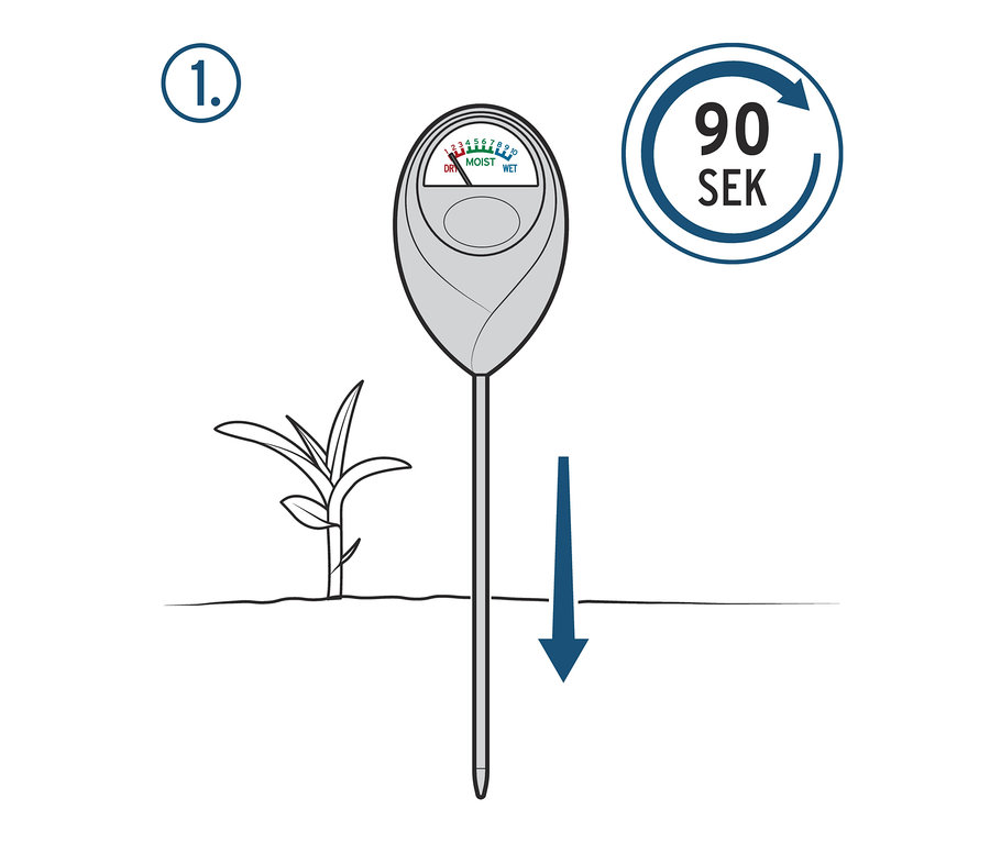 Zeichnung eines Feuchtigkeitsmessers, der neben einer Pflanze in den Boden gesteckt wird.