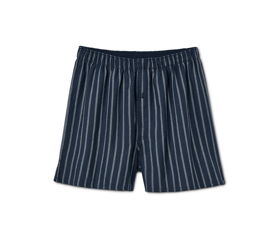 Eine blau gestreifte Flanell-Boxershorts.