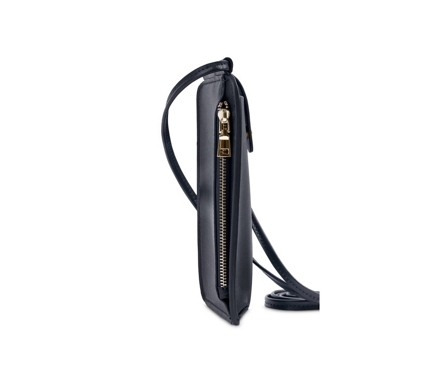 Detailaufnahme einer blauen Handytasche mit goldenem Reißverschluss.