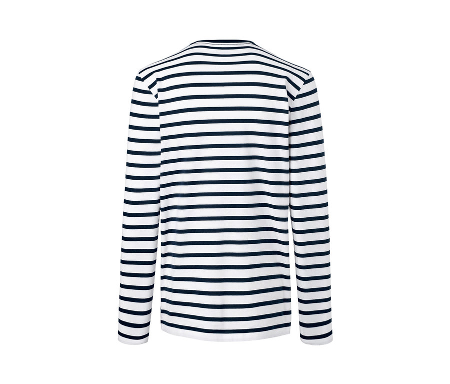 Rückansicht eines Langarmshirts mit blauem horizontal gestreiften Muster.