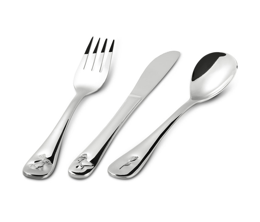 Kinder-Besteck-Set, 3-teilig, silberfarben, mit Tier- und Blumenmotiven.