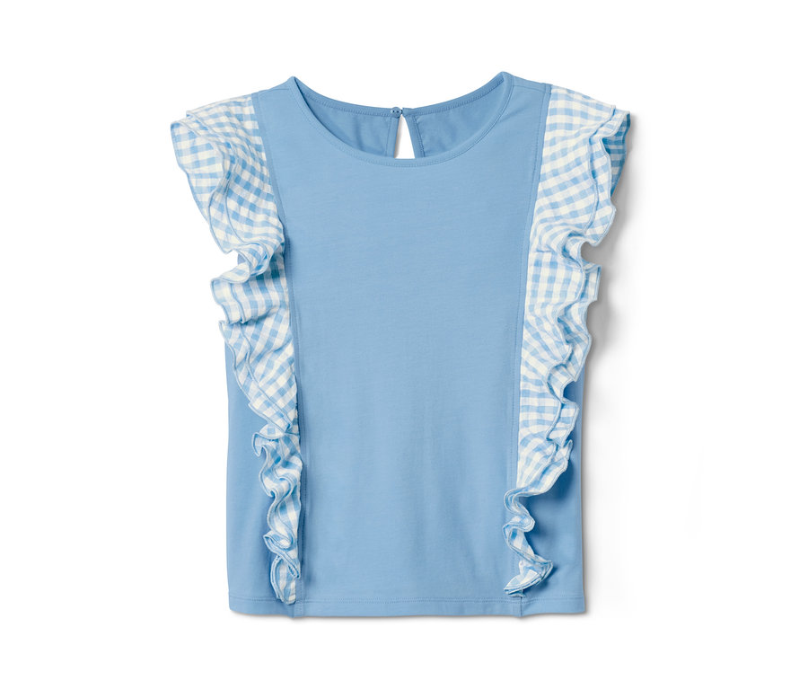 Blaues Shirt aus Bio-Baumwolle mit Karorüschen.