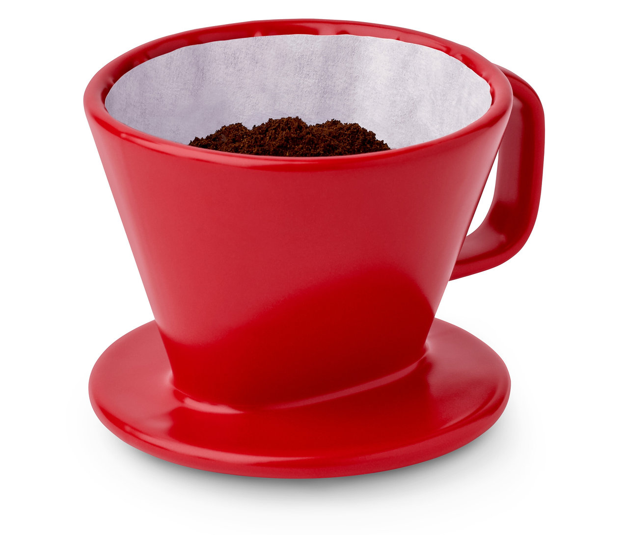 Ein roter Kaffee Handfilter, Größe 101, mit Papierfilter und Kaffeepulver.
