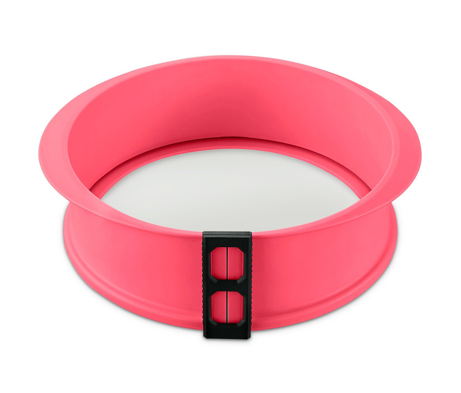 Eine rosa 2-in-1-Spring-und-Tarteform mit Glasboden auf weißem Hintergrund.