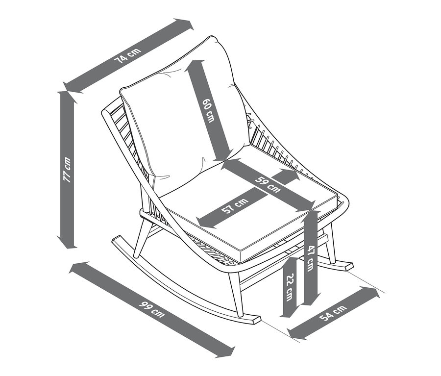 Abmessungen des Schaukelsessels mit Fußhocker.