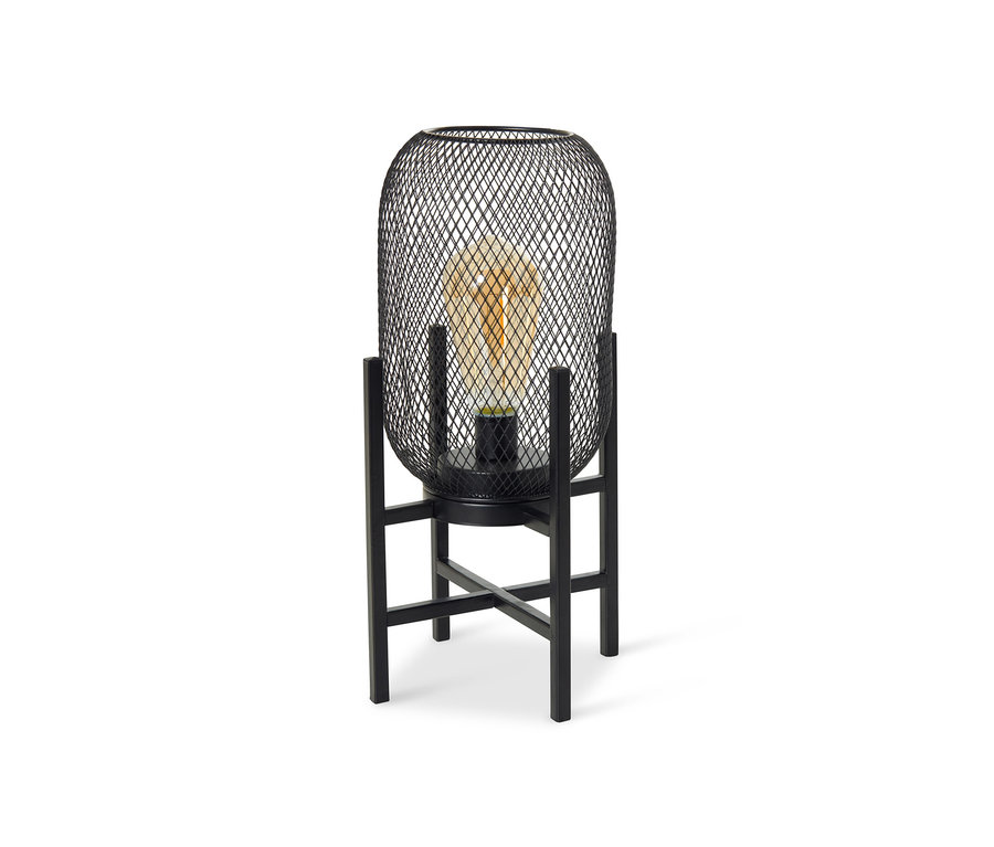 Eine schwarze LED-Outdoor-Tischleuchte auf einem weißen Hintergrund.