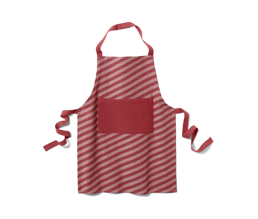 Eine rot gestreifte Kinder-Küchenschürze mit Tasche.