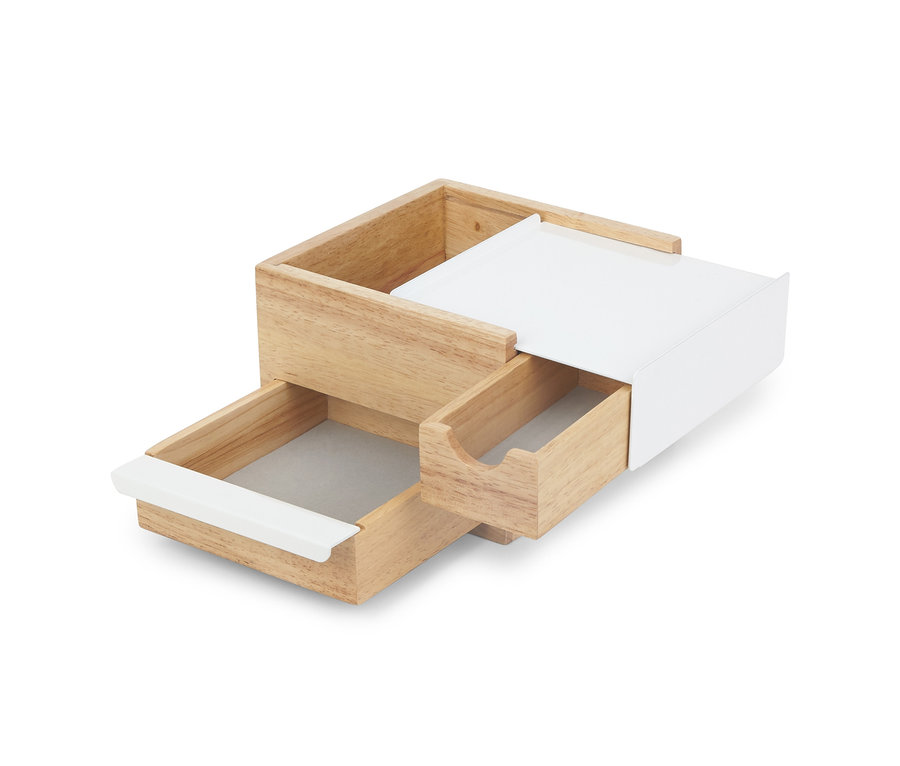 Ein Schmuckkasten aus Holz mit weißen Details und zwei Schubladen.