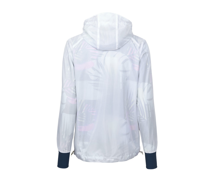 Rückansicht einer weißen Windbreaker Jacke mit Kapuze und Palmenmuster.