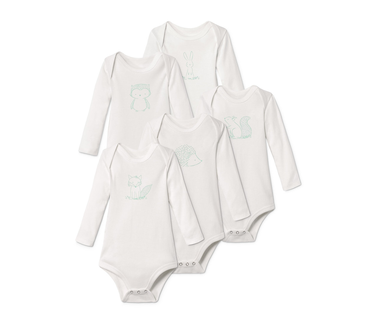 Fünf weiße Langarmbodys aus Bio-Baumwolle mit Tierdrucken.