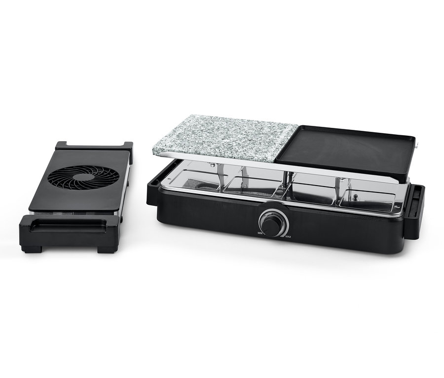 Schwarzer Trebs Raclette Grill mit Dunstabzug und Steinplatte »15100« auf weißem Hintergrund.