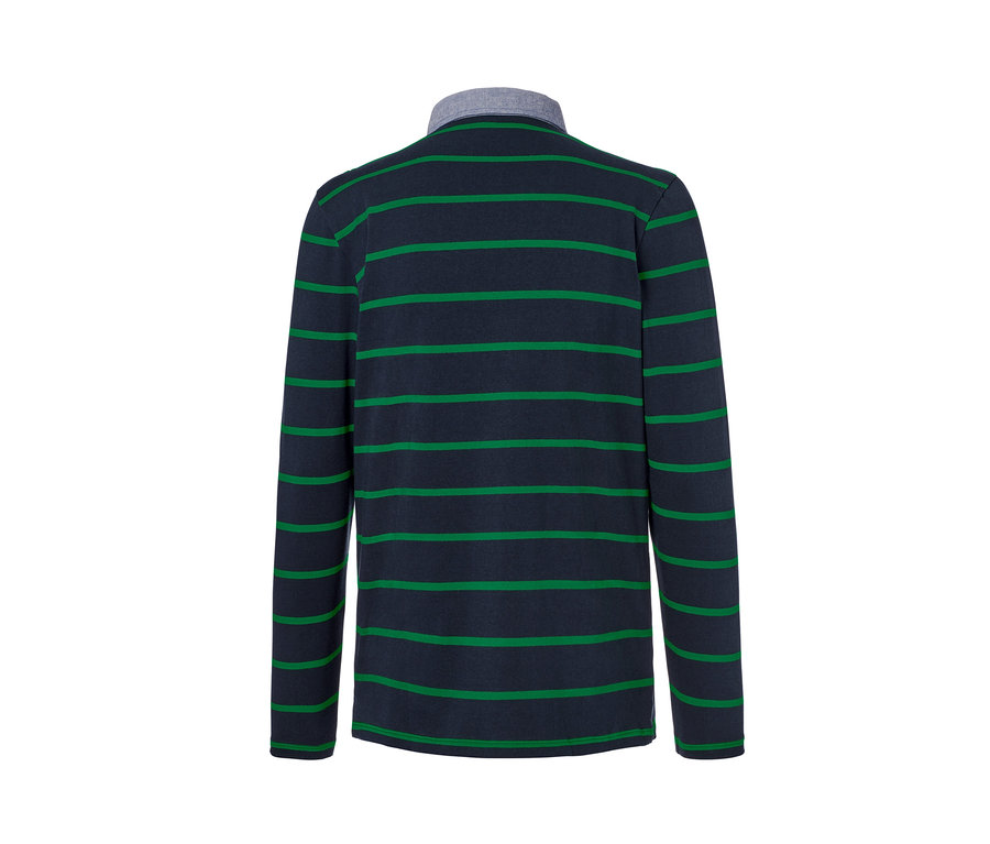 Rückansicht eines Langarm-Poloshirts mit horizontalen grünen Streifen auf dunkelblauem Grund.
