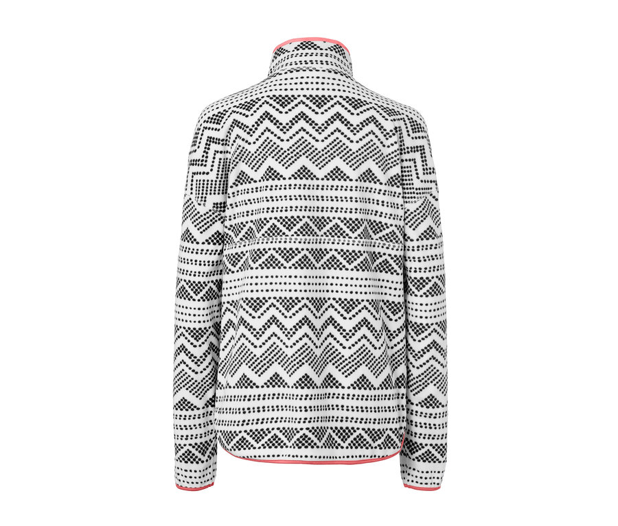 Detailansicht der Rückseite eines Fleecepullovers mit Knopfleiste und Alloverprint.