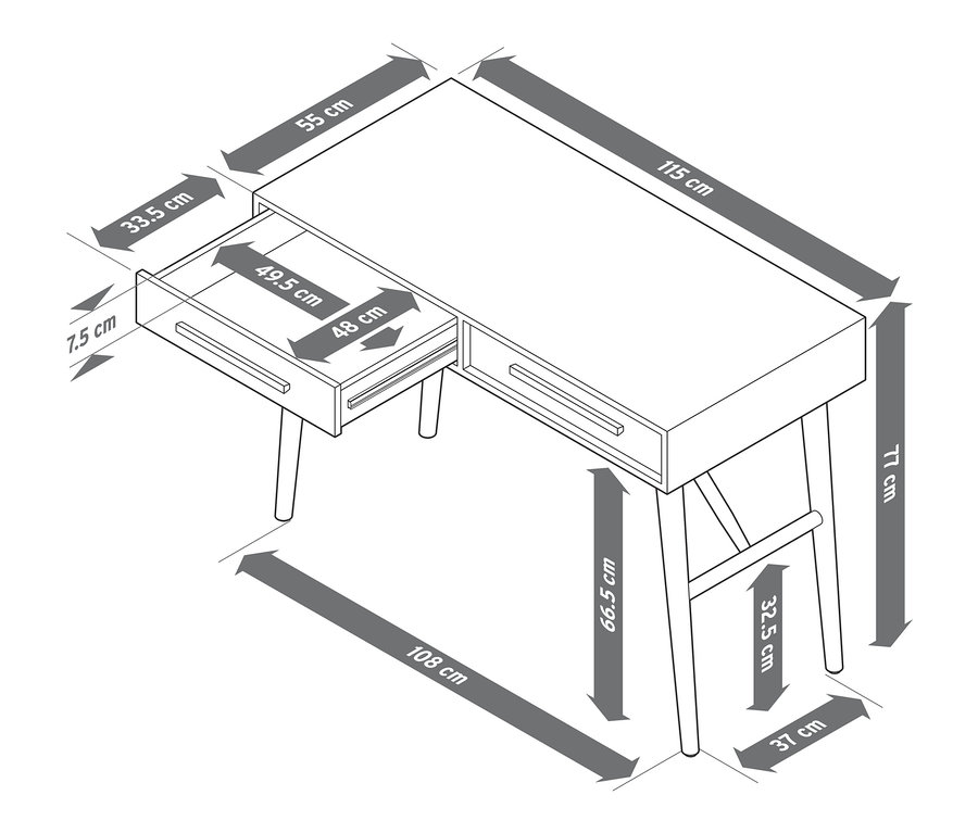 Illustration eines Sekretärs »Eklund« mit Schubladen und hervorgehobenen Abmessungen.
