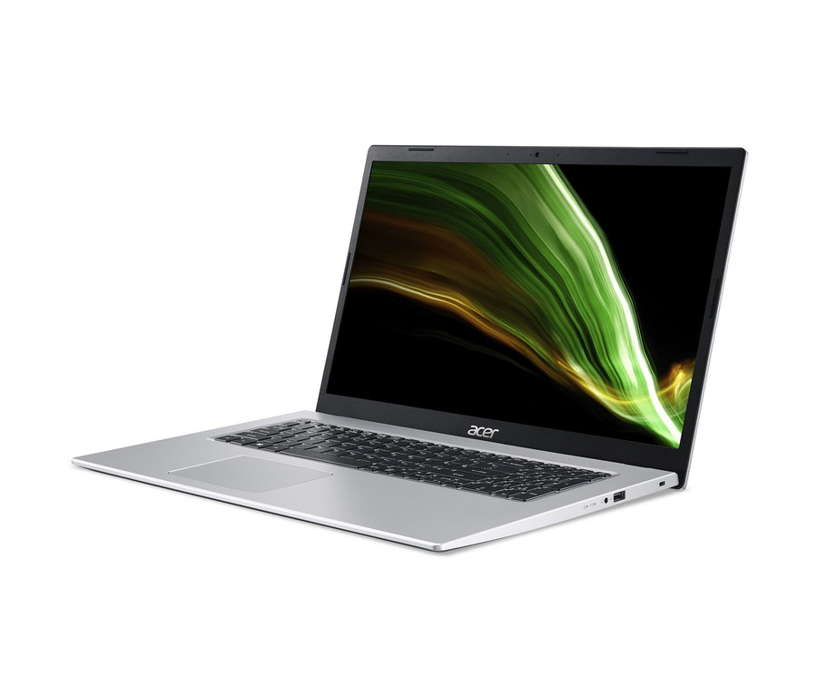 Ein silbernes Acer Aspire Notebook »A317-53-3209« wird aus einem Winkel gezeigt, wobei Tastatur und Bildschirm sichtbar sind.
