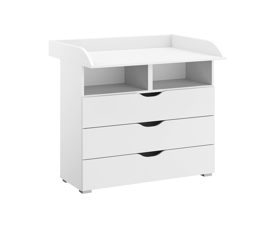 Weiße Rauch Wickelkommode "Alvara" mit drei Schubladen und offenen Regalen oben.