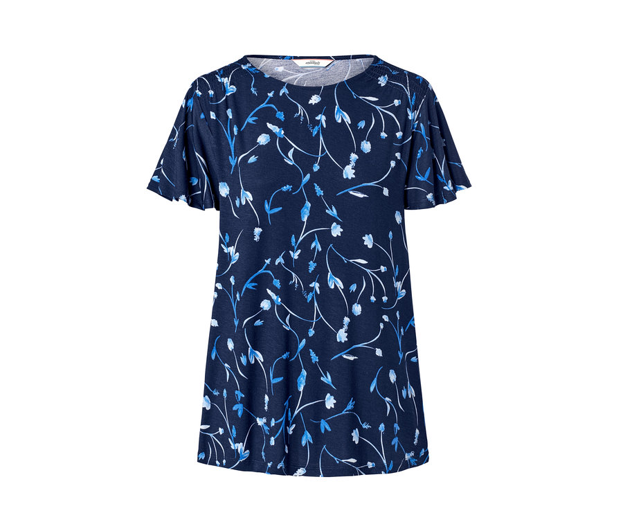 Dunkelblaues Blusenshirt mit Flügelärmeln und Blumenmuster.