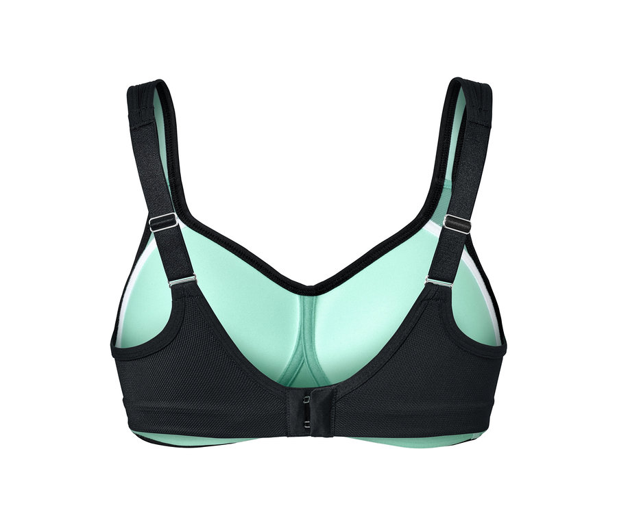 Detailansicht von Rückseite eines Sport-BHs, extra stark, mit schwarzen Trägern und grünem Futter.