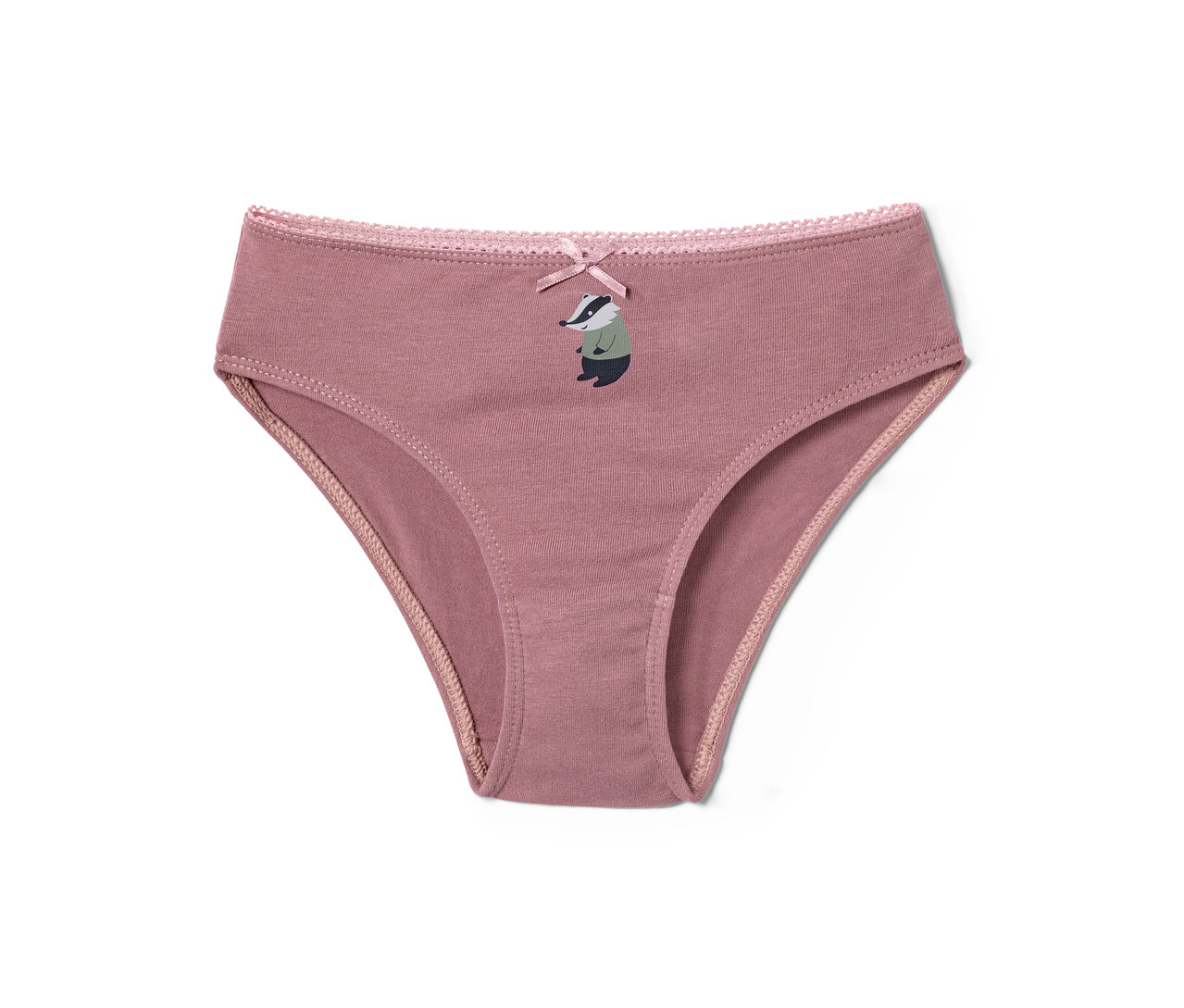 Ein rosafarbener Mädchenslip mit einem Dachs-Motiv, aus dem 7 Mädchen-Slips Set.