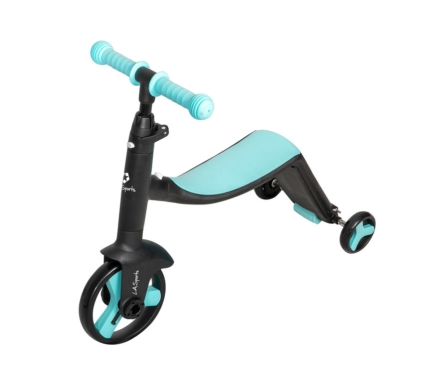 Ein blau-schwarzes LA Sports 3-in-1-Laufdreirad.