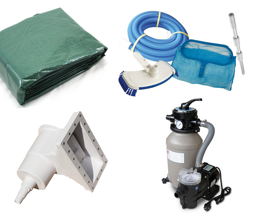 Verschiedenes Poolzubehör, darunter eine Abdeckung, ein Schlauch, ein Netz und ein Reinigungsgerät.