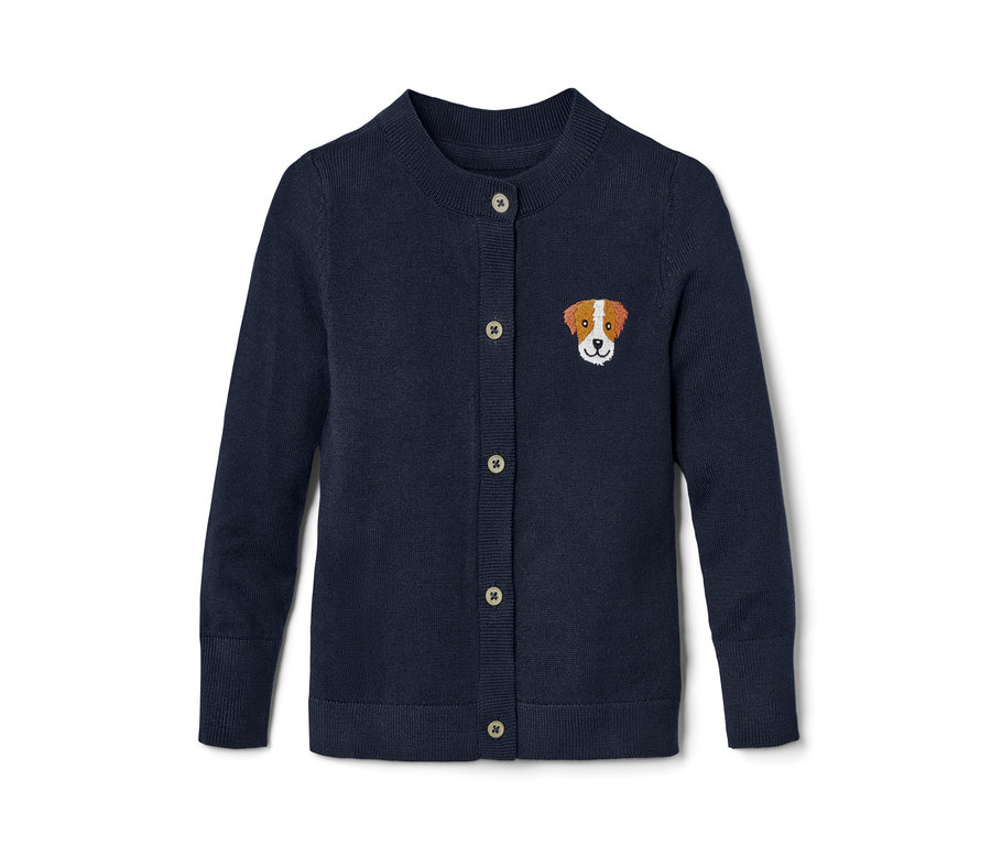 Marineblaue Kleinkinder-Strickjacke mit Hunde-Kopfstickerei und Knöpfen.
