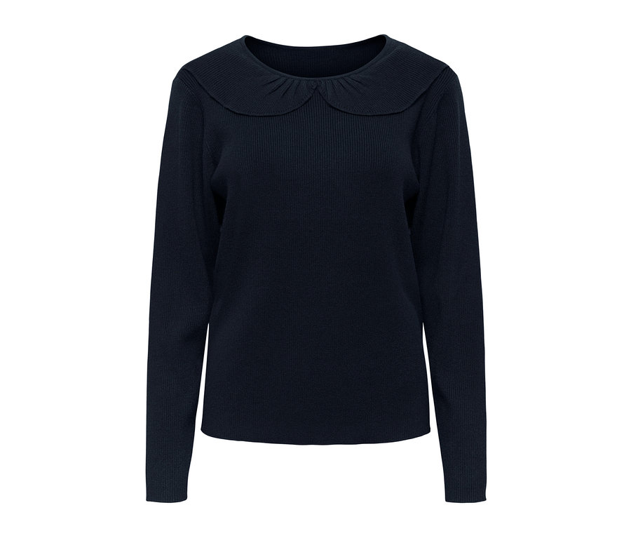 Marineblauer Feinstrick-Pullover mit Kragen.