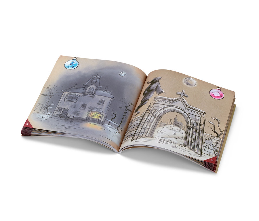 Offenes Buch mit Illustrationen eines Spukhauses und eines Friedhofs.