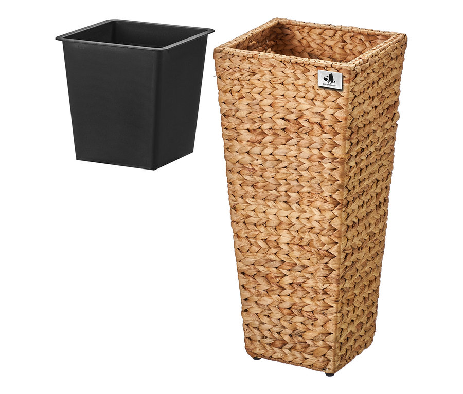 Eine beige Pflanzsäule, ca. 28 x 60 x 28 cm, und ein schwarzer Pflanzeinsatz.