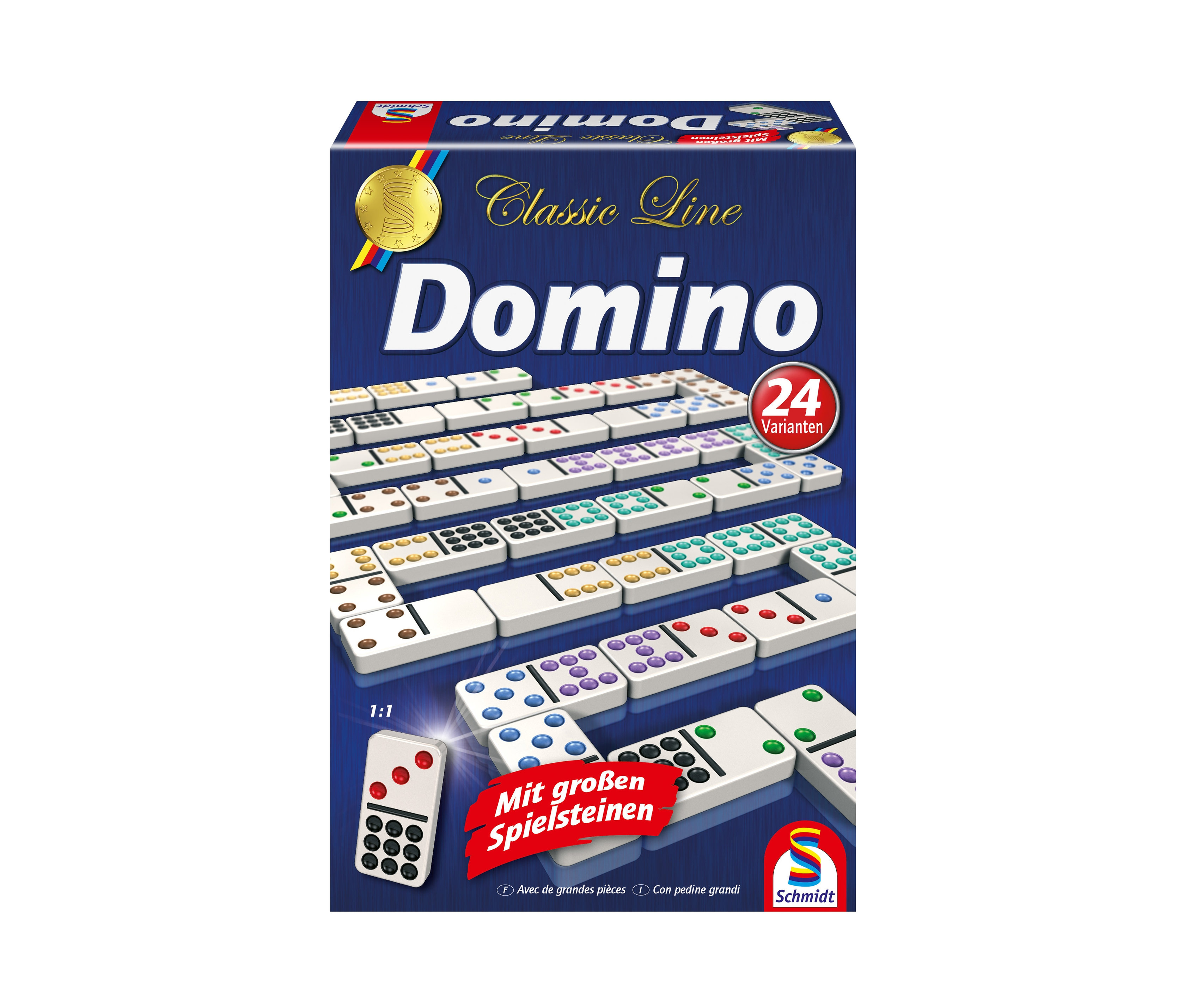 Verpackung des Schmidt Spiele Classic Line – Domino, mit extragroßen Spielsteinen.
