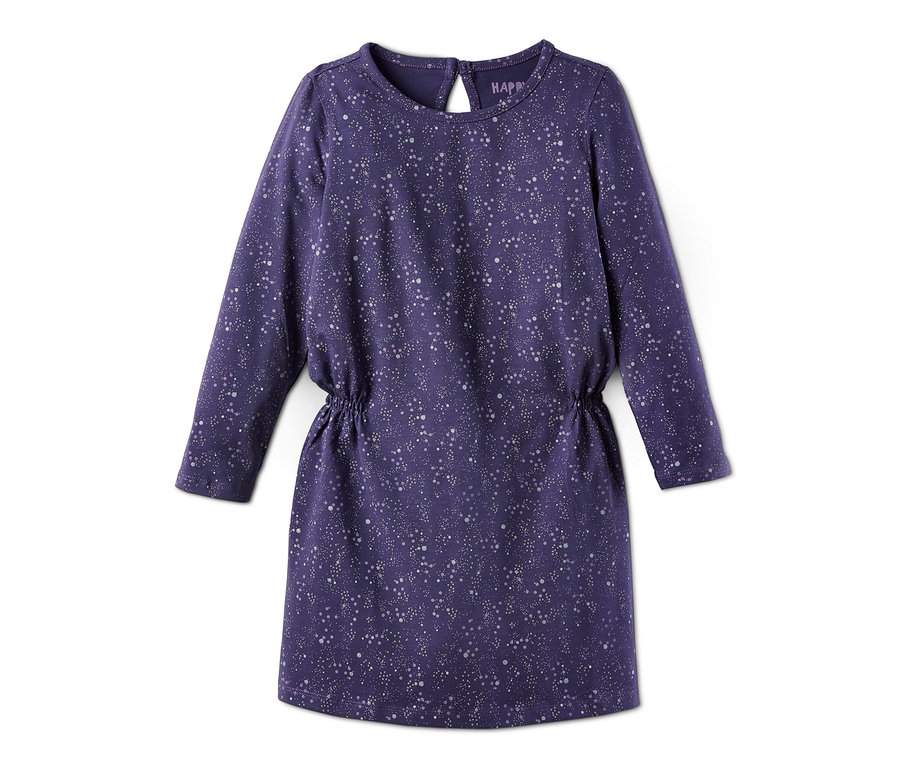 Lila Jerseykleid mit langen Ärmeln und Punktmuster.